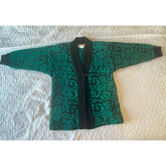 Vtg Green & Black Mohair Wool Blend Cardigan Sweater With Single Button Closure - Picture 3 of 9